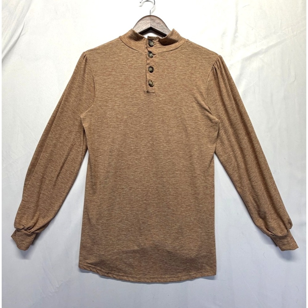 Ladmous Shirt Mens Small Heather Brown Viscose Mock Neck Four Button Placket